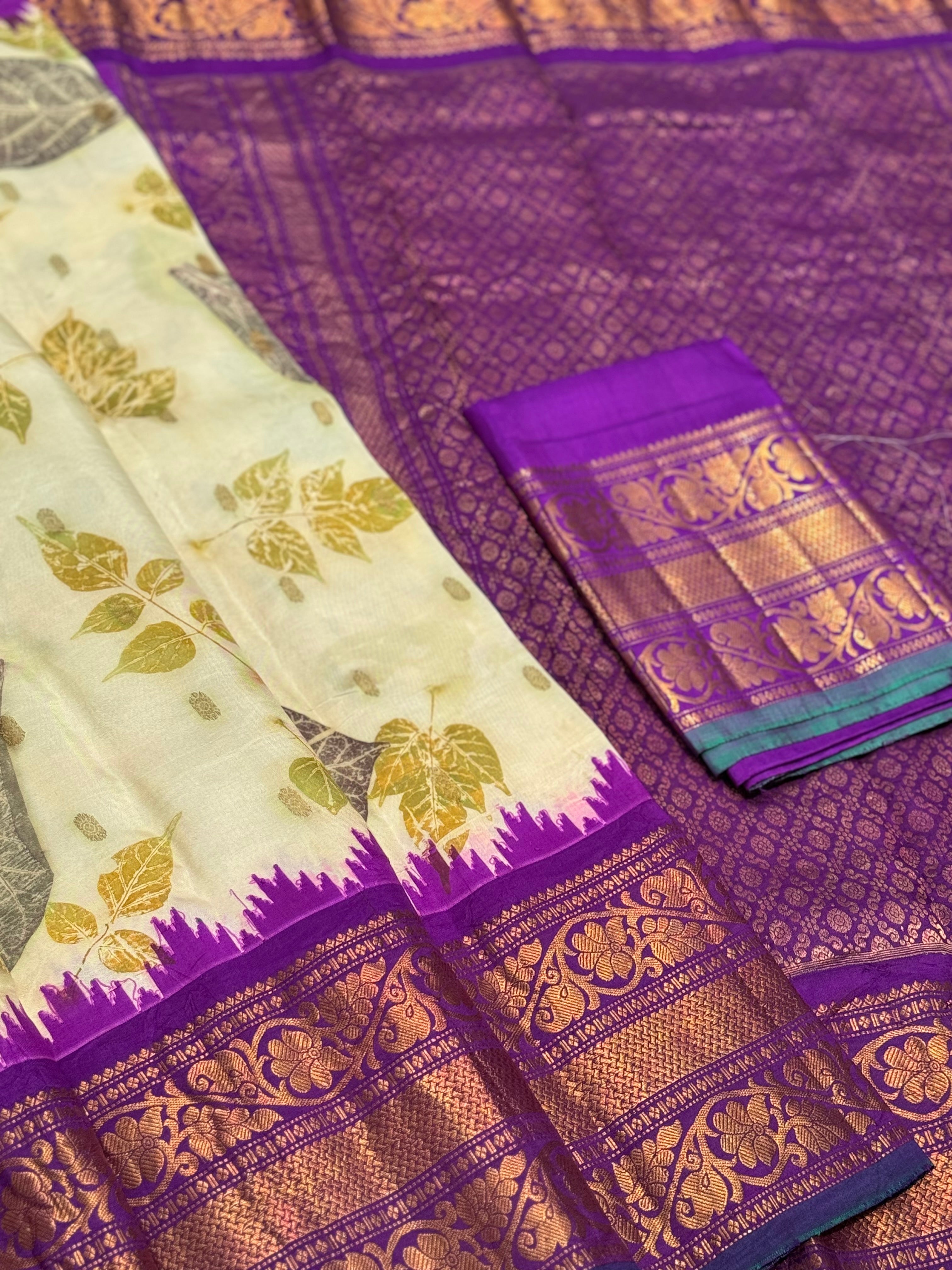 A pearl white with purple Natural Handmade Ecoprints Gadwal silk saree