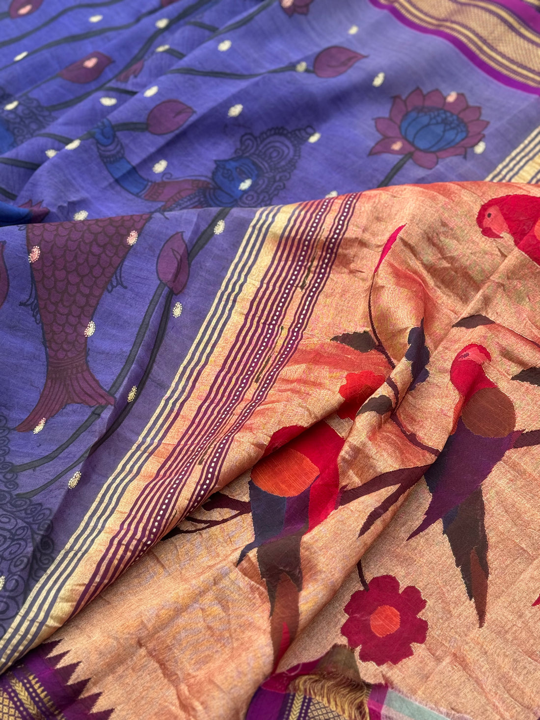 A lilac paithani silk saree handdrawn handpainted penkalamkari with mermaid concept