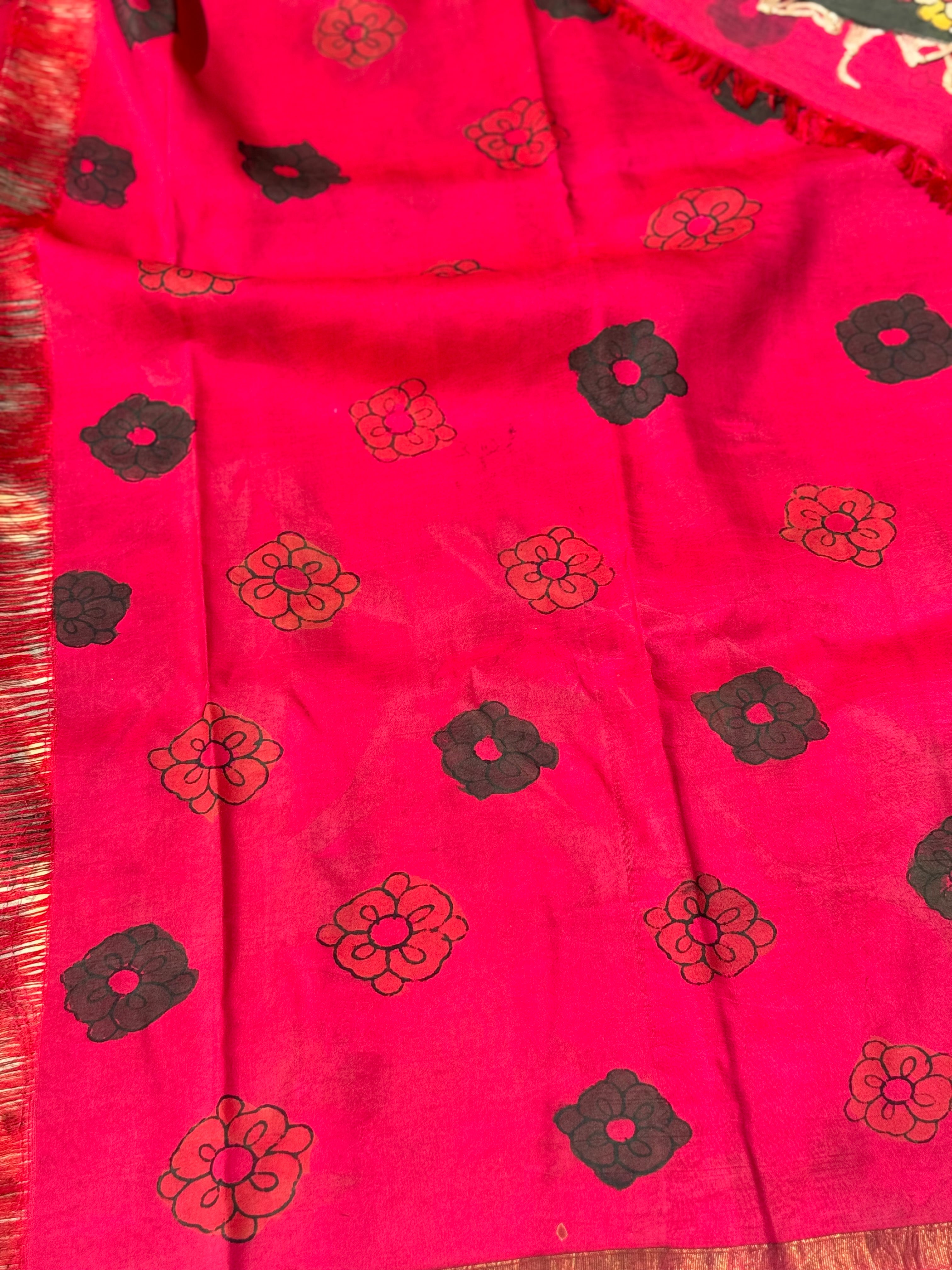 Borderless kanchivaram silk with Complete HandDrawn And HandPainted Penkalamkari