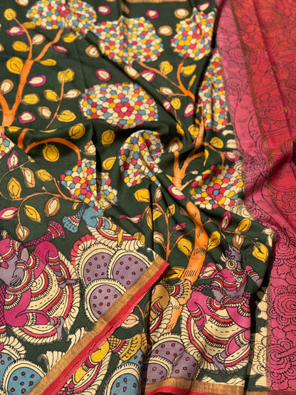 Borderless kanchivaram silk with Complete HandDrawn And HandPainted Penkalamkari