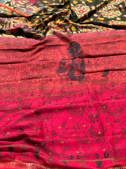 Borderless kanchivaram silk with Complete HandDrawn And HandPainted Penkalamkari