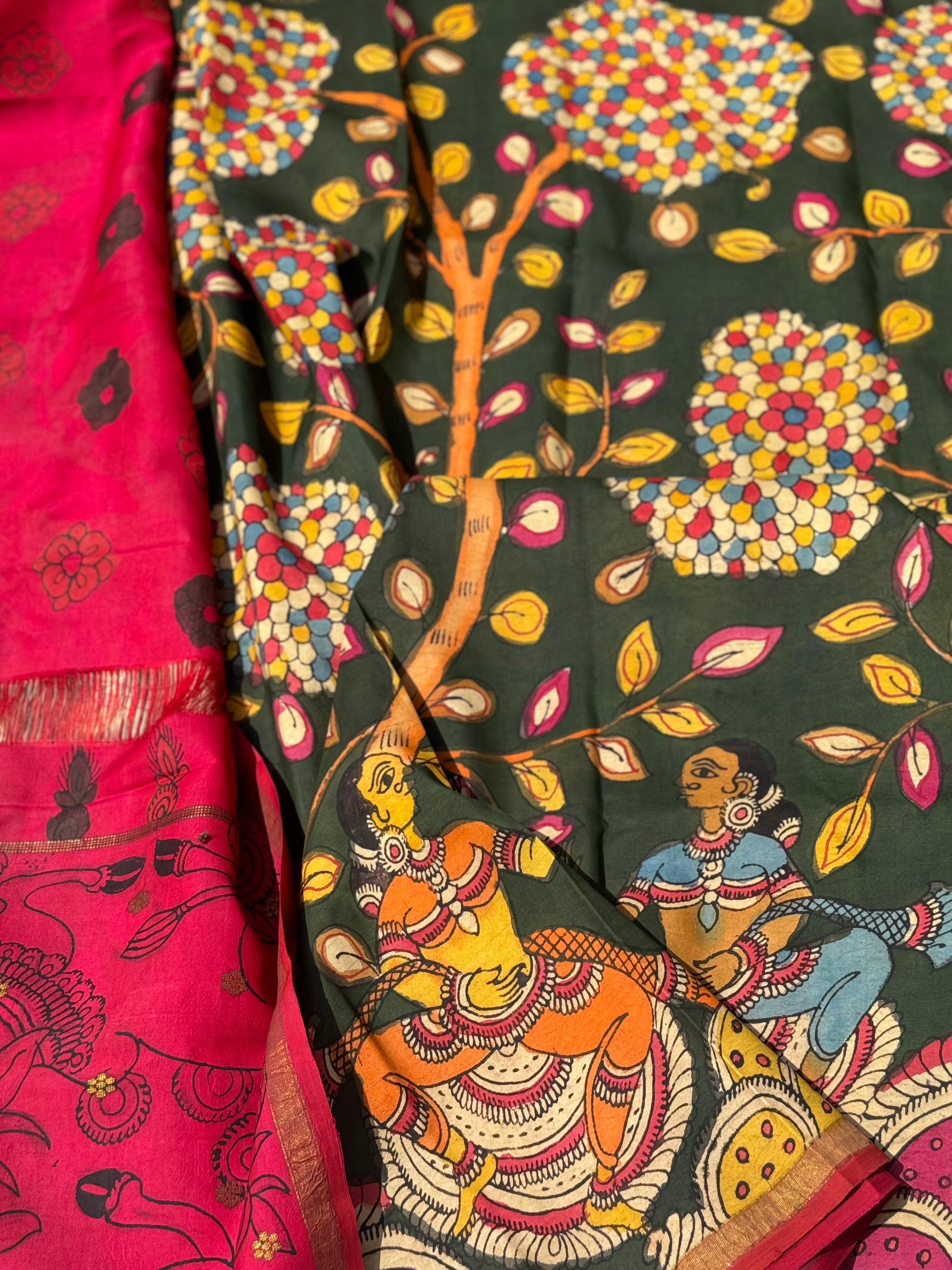 Borderless kanchivaram silk with Complete HandDrawn And HandPainted Penkalamkari