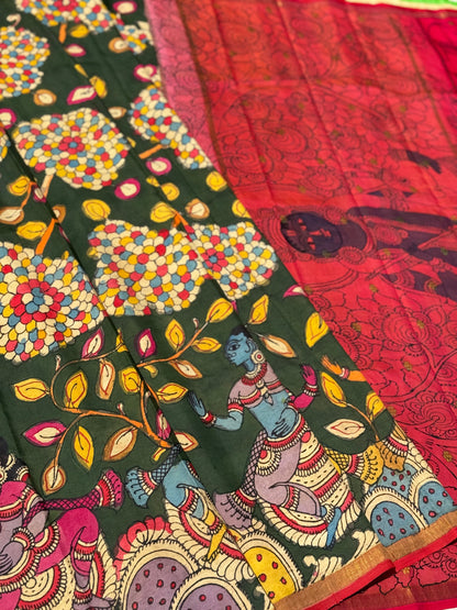 Borderless kanchivaram silk with Complete HandDrawn And HandPainted Penkalamkari