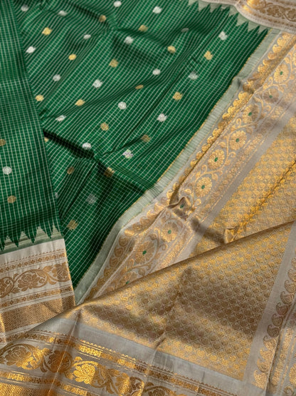 An Elegant Bottlegreen Gadwal silk with Meenakari work Kanchi border