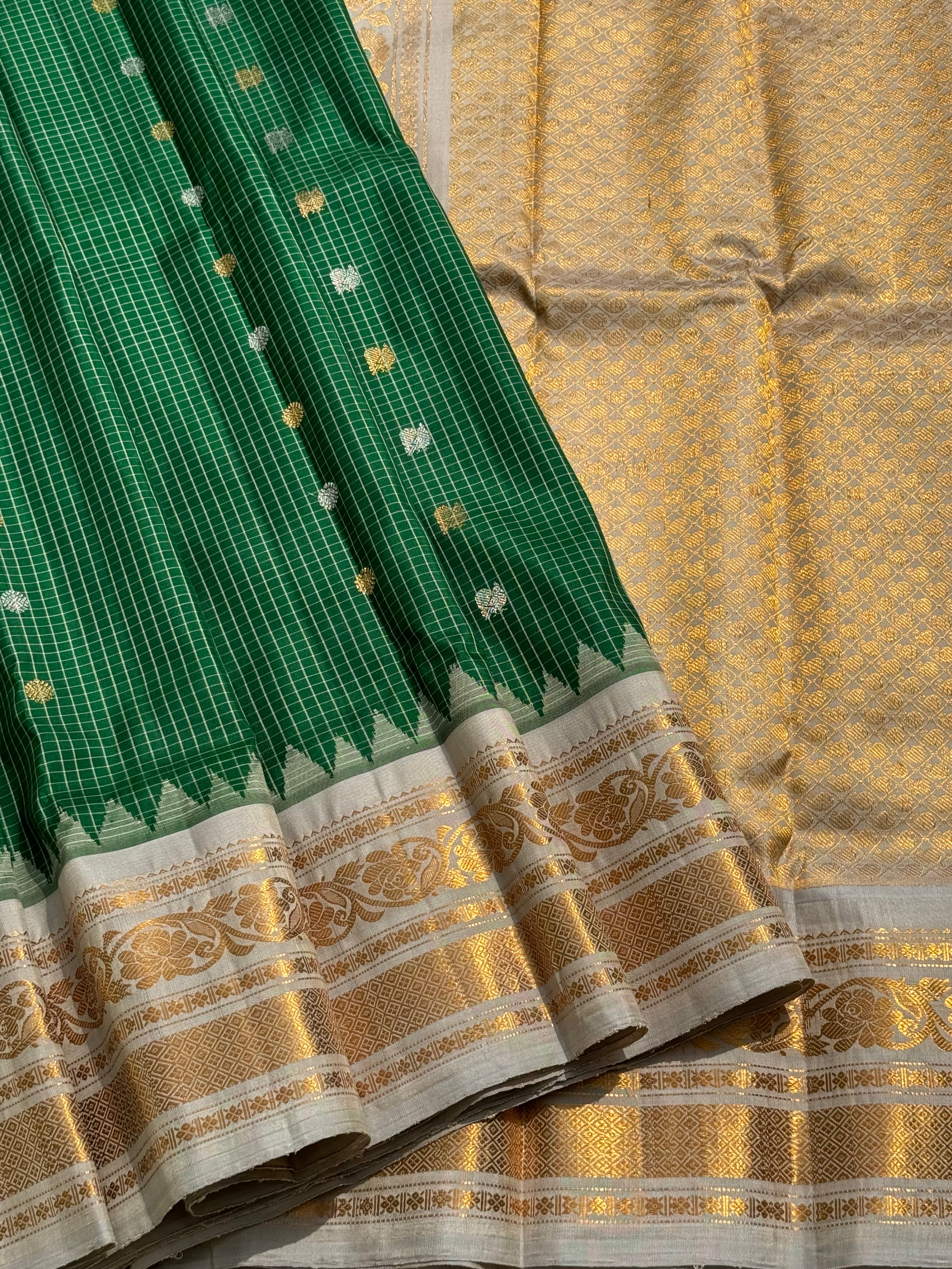 An Elegant Bottlegreen Gadwal silk with Meenakari work Kanchi border