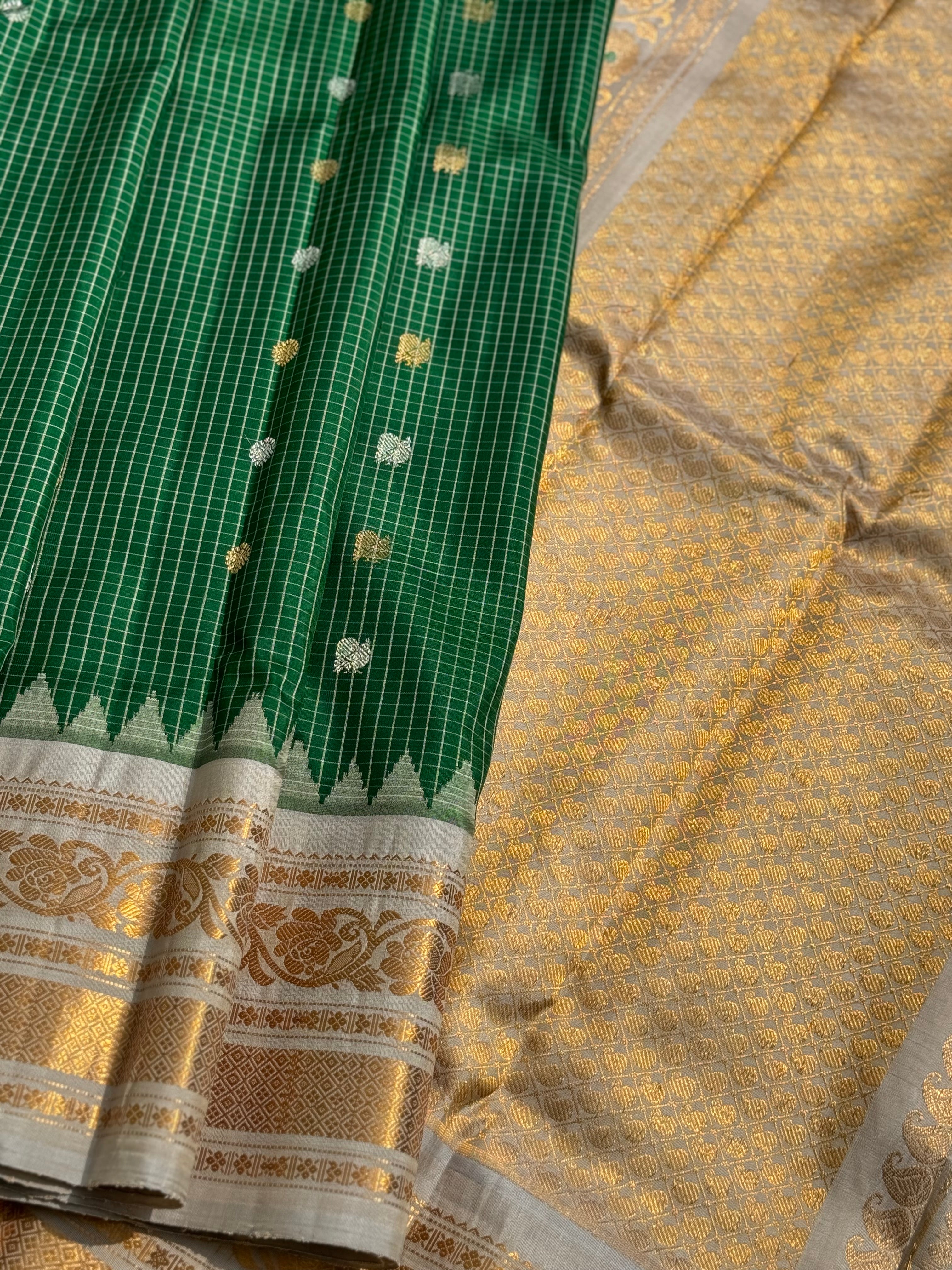 An Elegant Bottlegreen Gadwal silk with Meenakari work Kanchi border