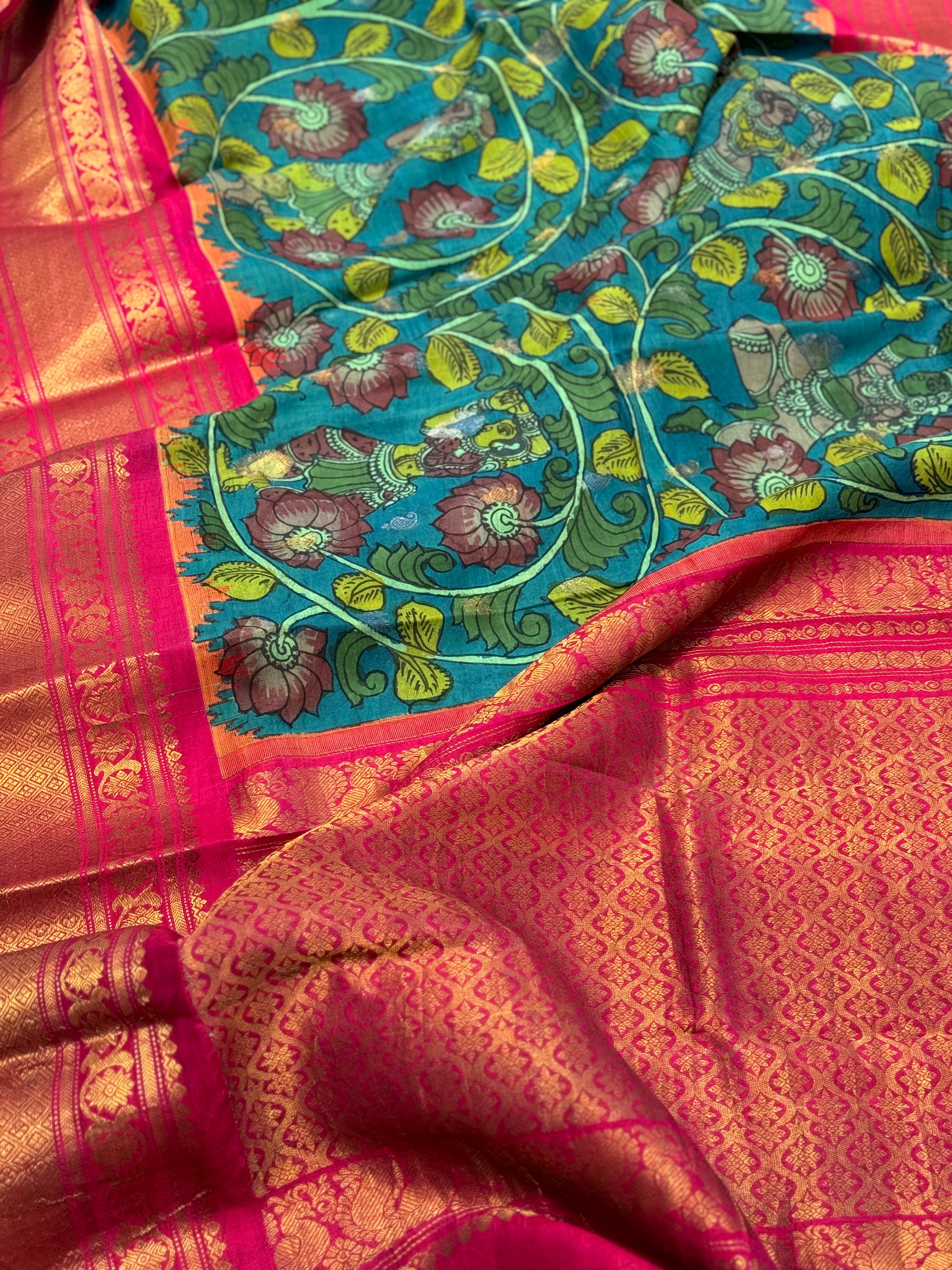 Complete HandDrawn And HandPainted Penkalamkari Gadwal silk saree