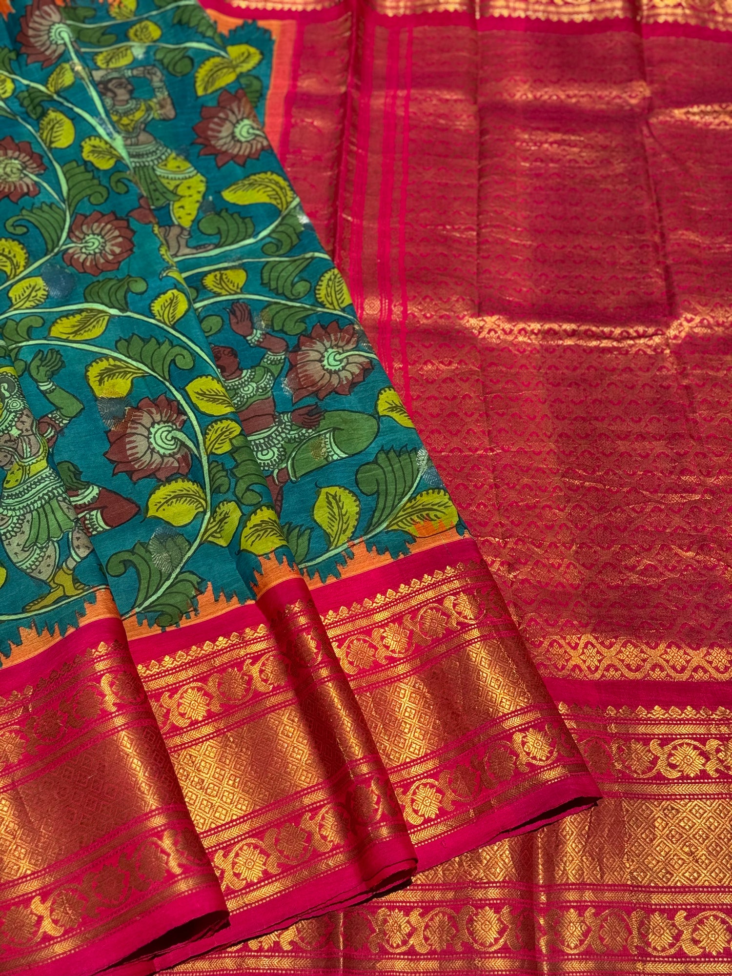 Complete HandDrawn And HandPainted Penkalamkari Gadwal silk saree