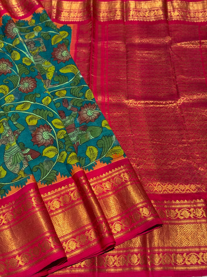 Complete HandDrawn And HandPainted Penkalamkari Gadwal silk saree