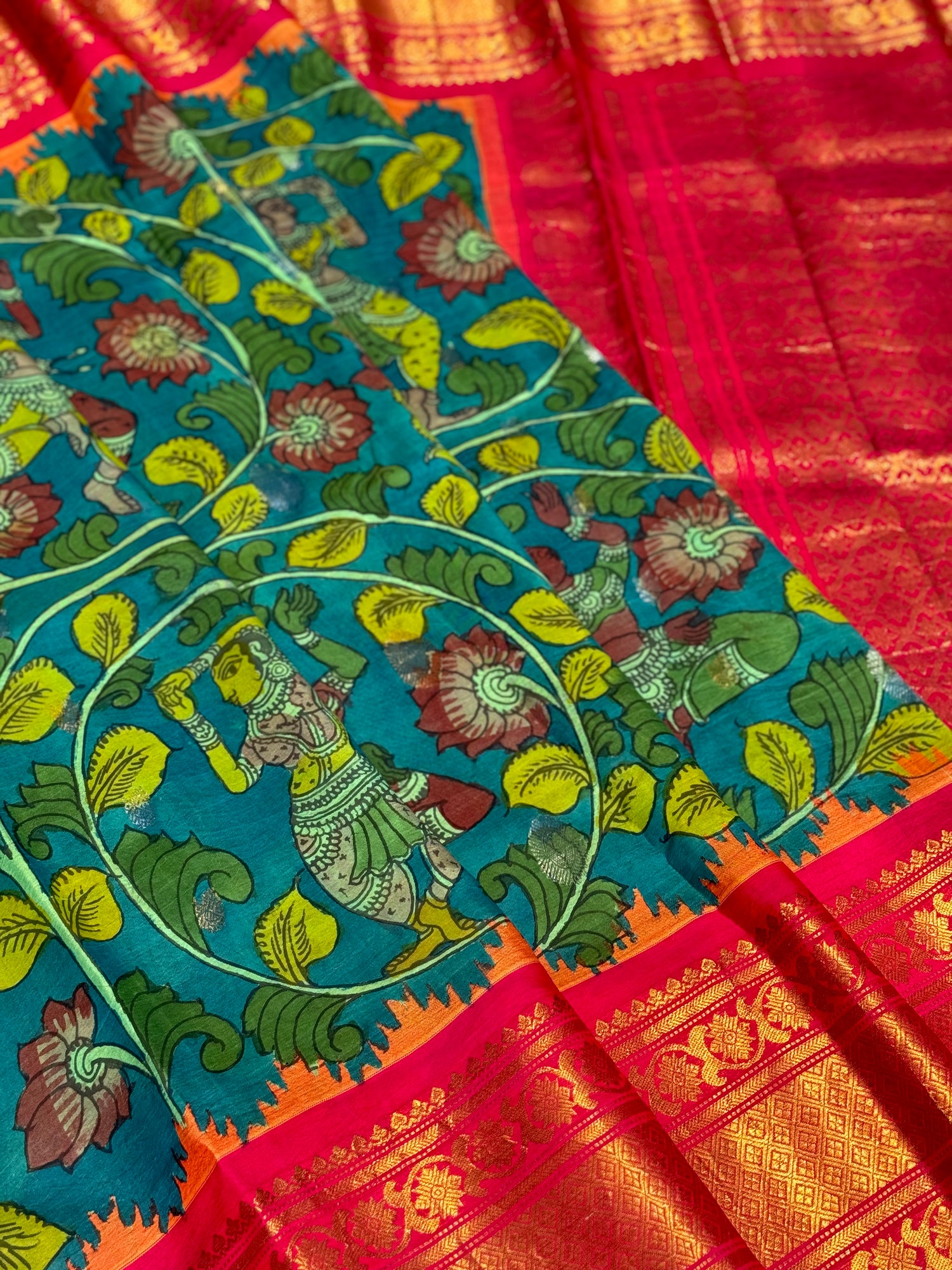 Complete HandDrawn And HandPainted Penkalamkari Gadwal silk saree