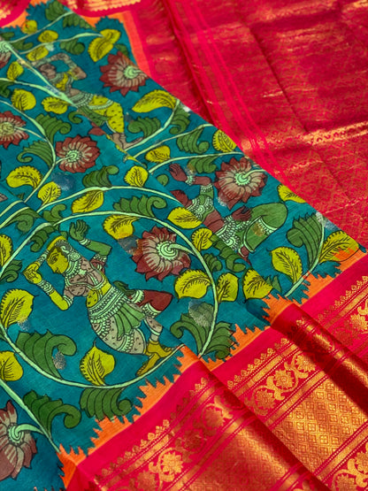 Complete HandDrawn And HandPainted Penkalamkari Gadwal silk saree