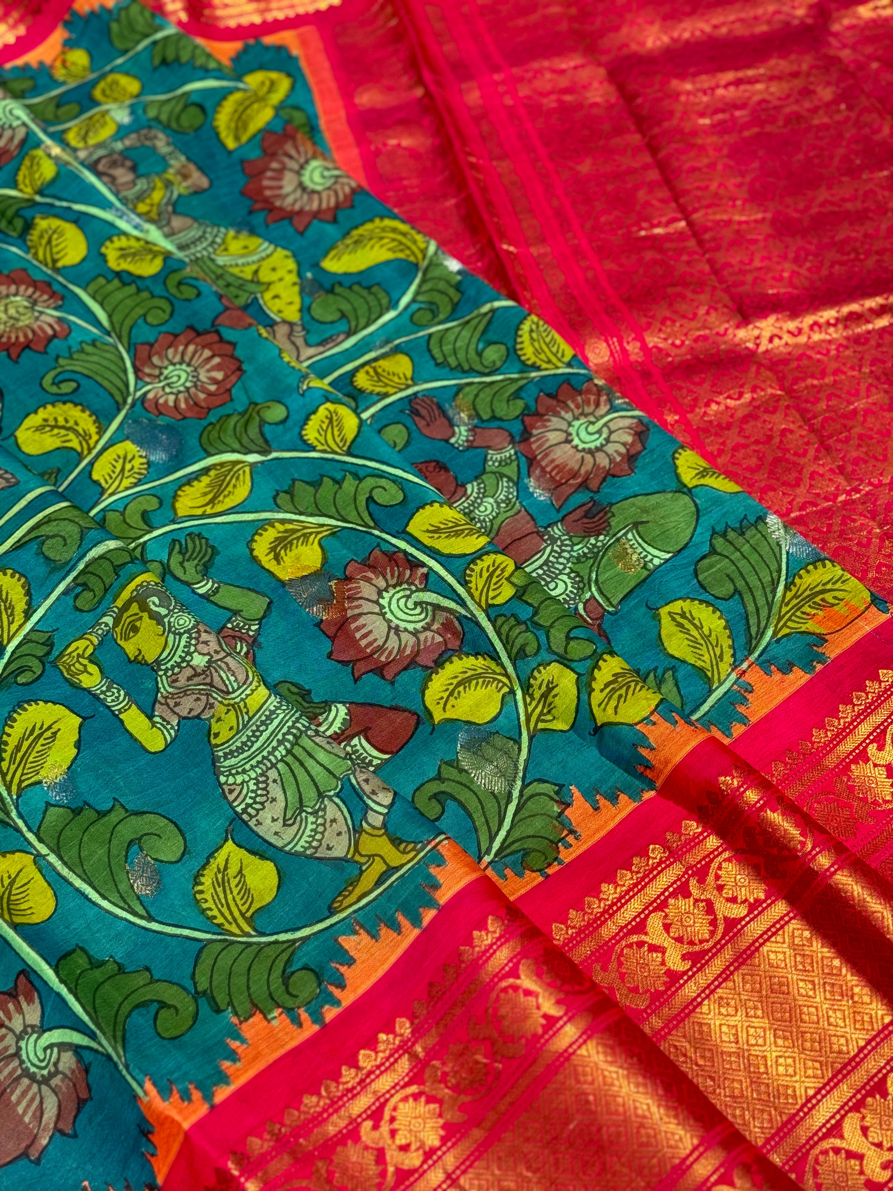 Complete HandDrawn And HandPainted Penkalamkari Gadwal silk saree