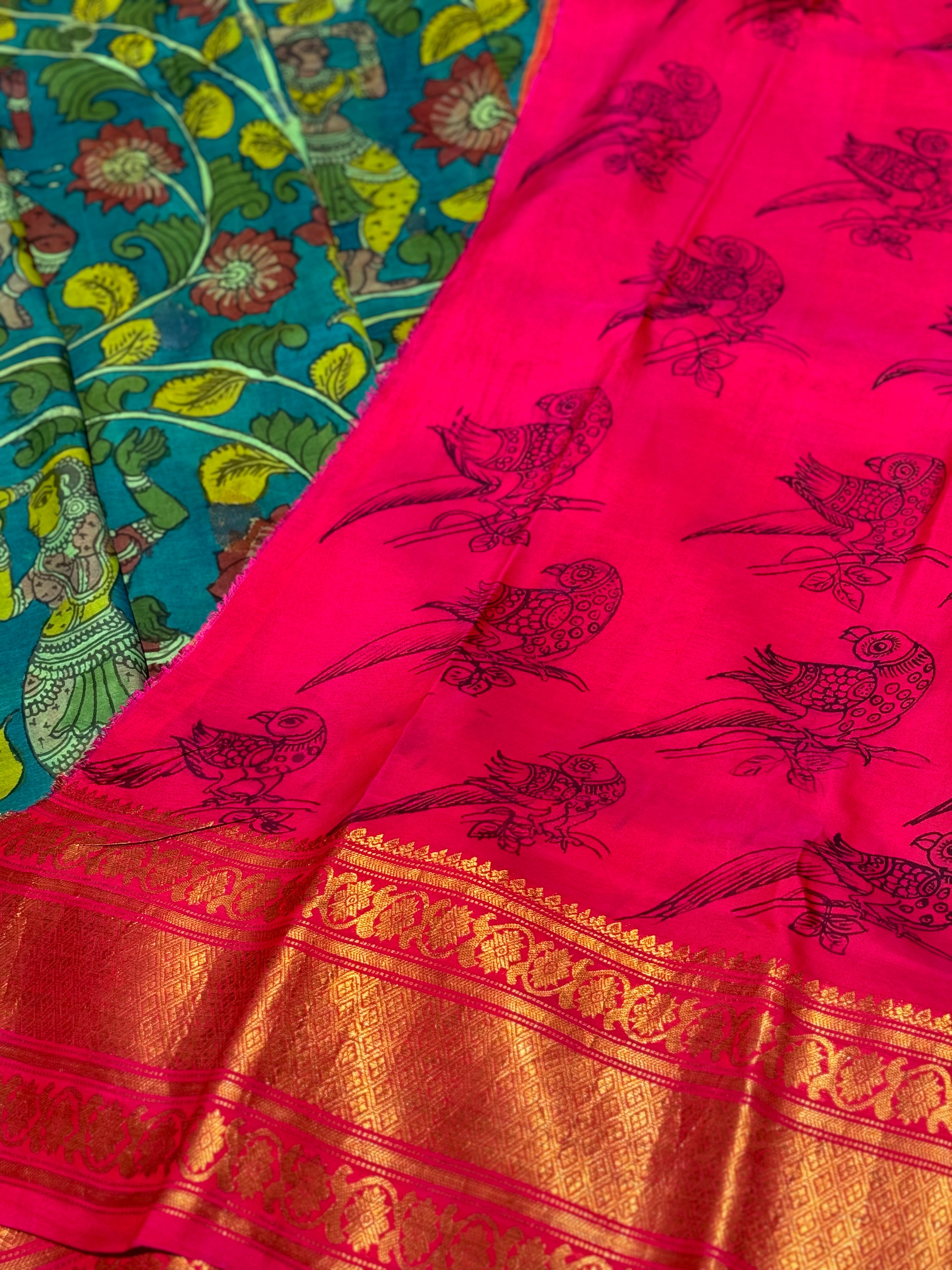 Complete HandDrawn And HandPainted Penkalamkari Gadwal silk saree