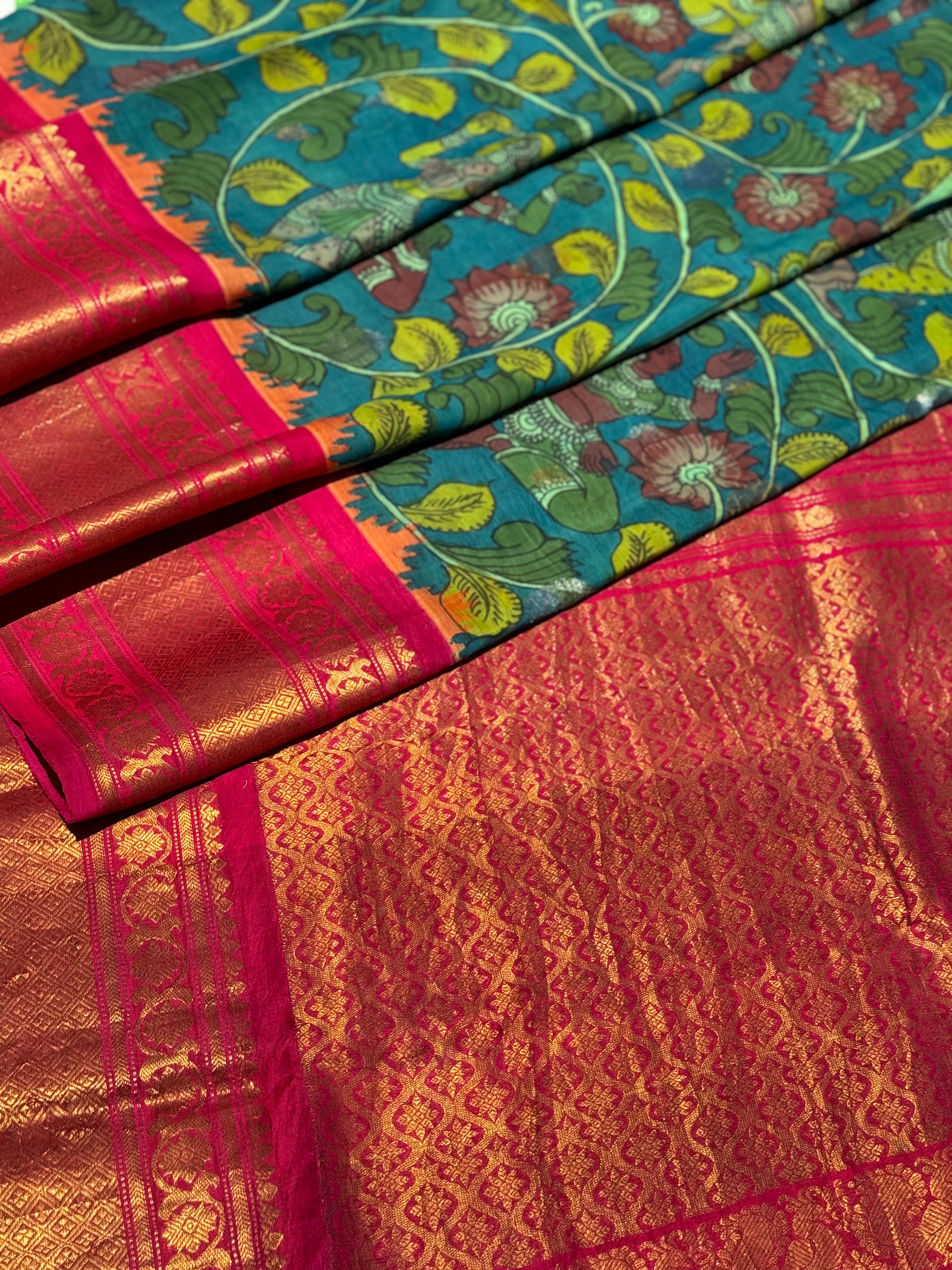 Complete HandDrawn And HandPainted Penkalamkari Gadwal silk saree