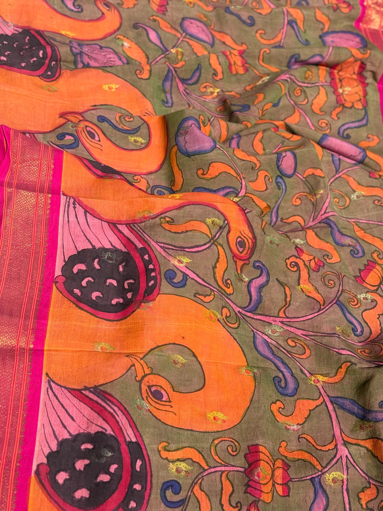 Sithannavasal cave paintings inspired Complete Hand Drawn And Hand Painted Penkalamkari Paithani Silk Saree