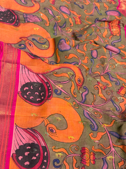 Sithannavasal cave paintings inspired Complete Hand Drawn And Hand Painted Penkalamkari Paithani Silk Saree