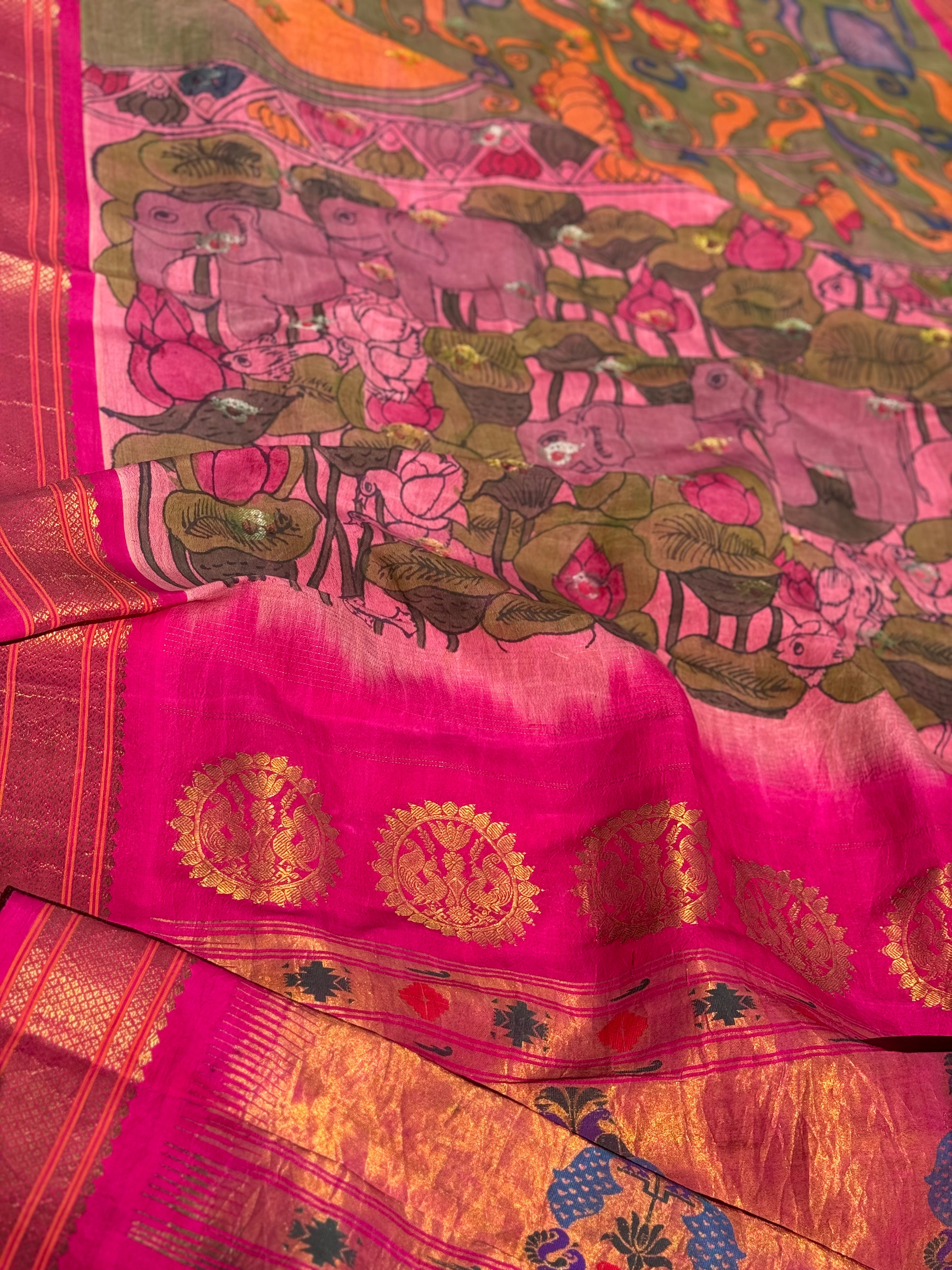 Sithannavasal cave paintings inspired Complete Hand Drawn And Hand Painted Penkalamkari Paithani Silk Saree