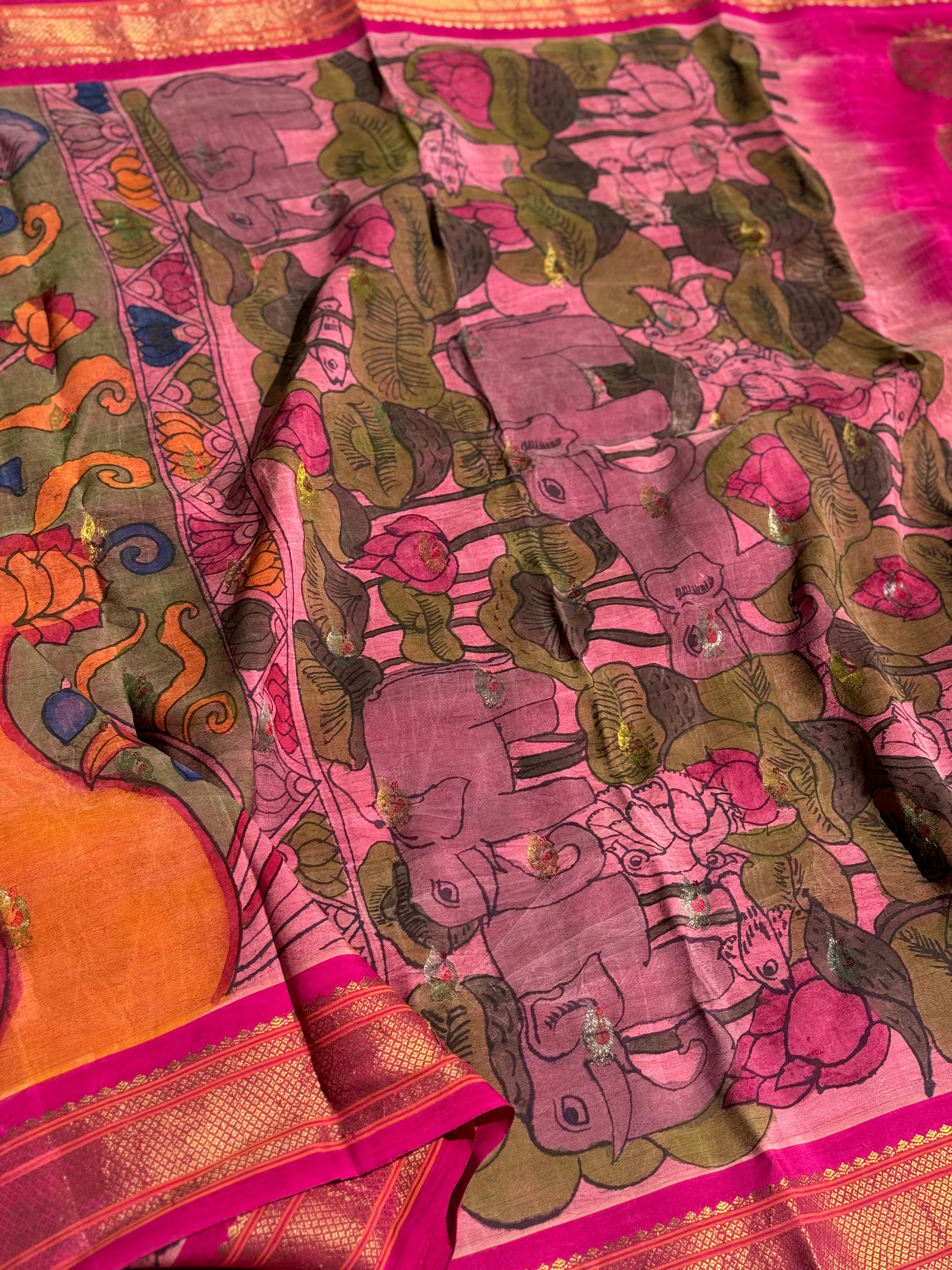 Sithannavasal cave paintings inspired Complete Hand Drawn And Hand Painted Penkalamkari Paithani Silk Saree