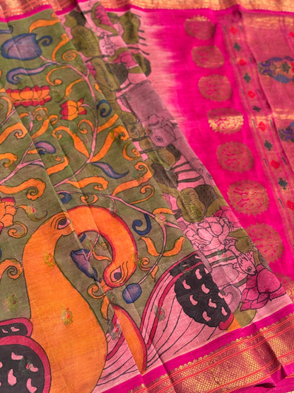 Sithannavasal cave paintings inspired Complete Hand Drawn And Hand Painted Penkalamkari Paithani Silk Saree