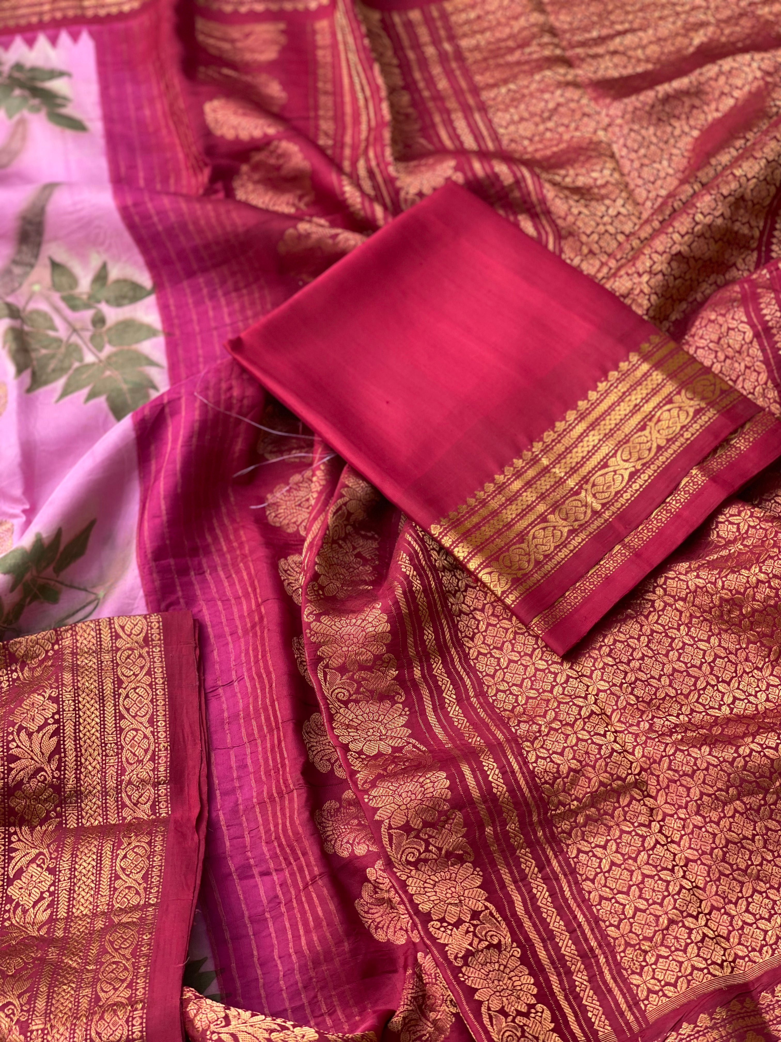 A Pink on deep pink Handmade Ecoprints Gadwal silk saree