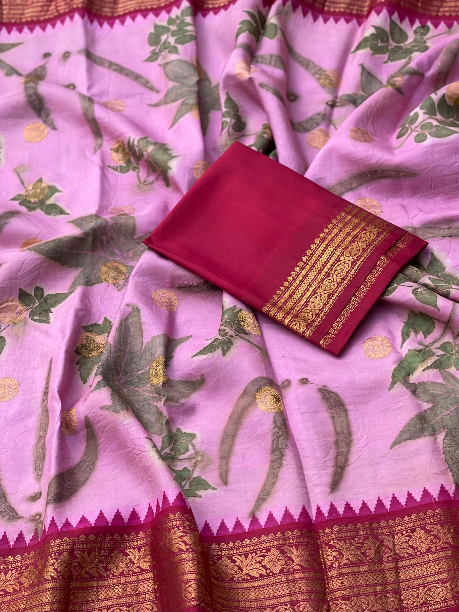 A Pink on deep pink Handmade Ecoprints Gadwal silk saree