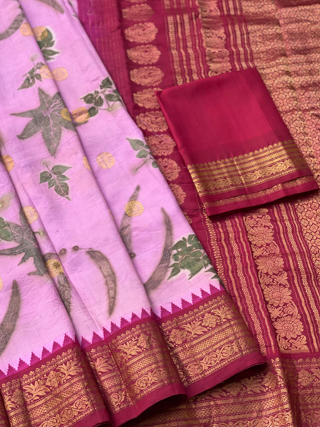 A Pink on deep pink Handmade Ecoprints Gadwal silk saree