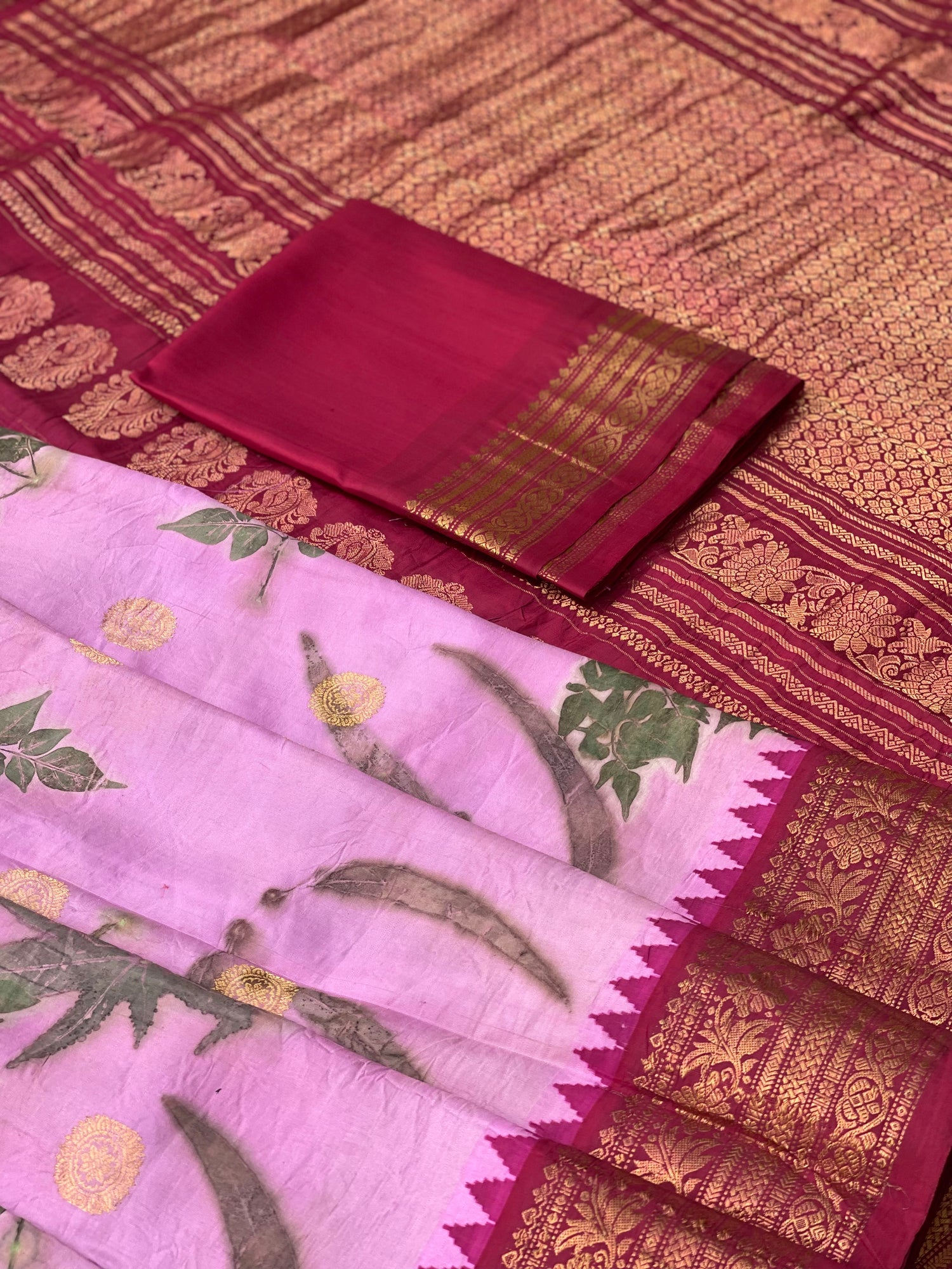 A Pink on deep pink Handmade Ecoprints Gadwal silk saree