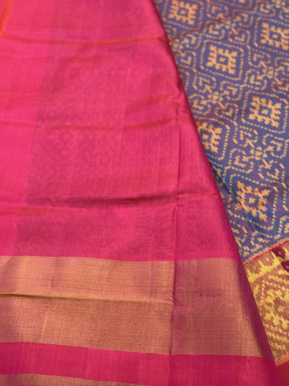 A gorgeous shot blue with pink single ikkat patola silk saree