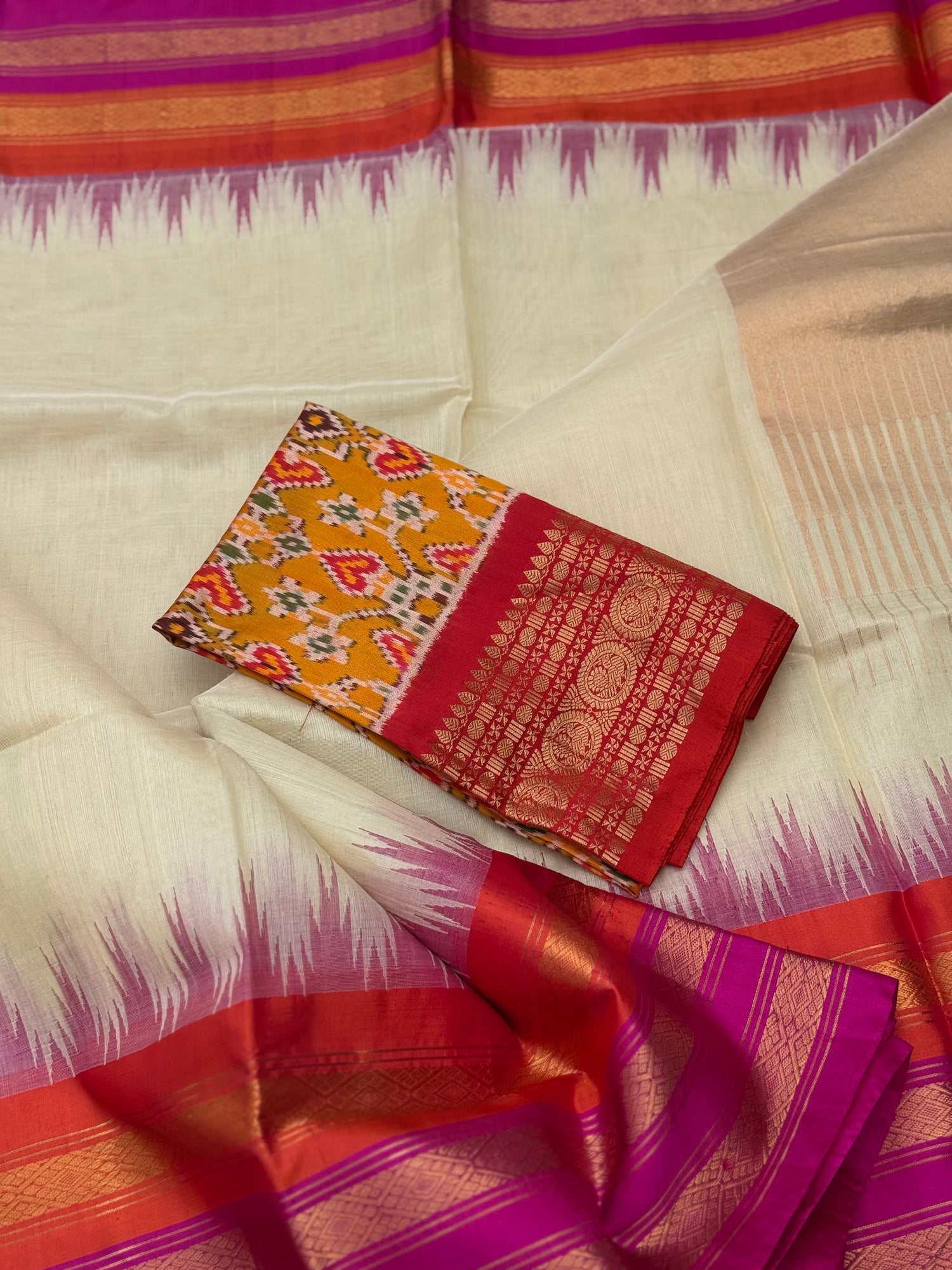 Handspun and handwoven ponduru Khadhi silk saree with silk border in contrast orange pink