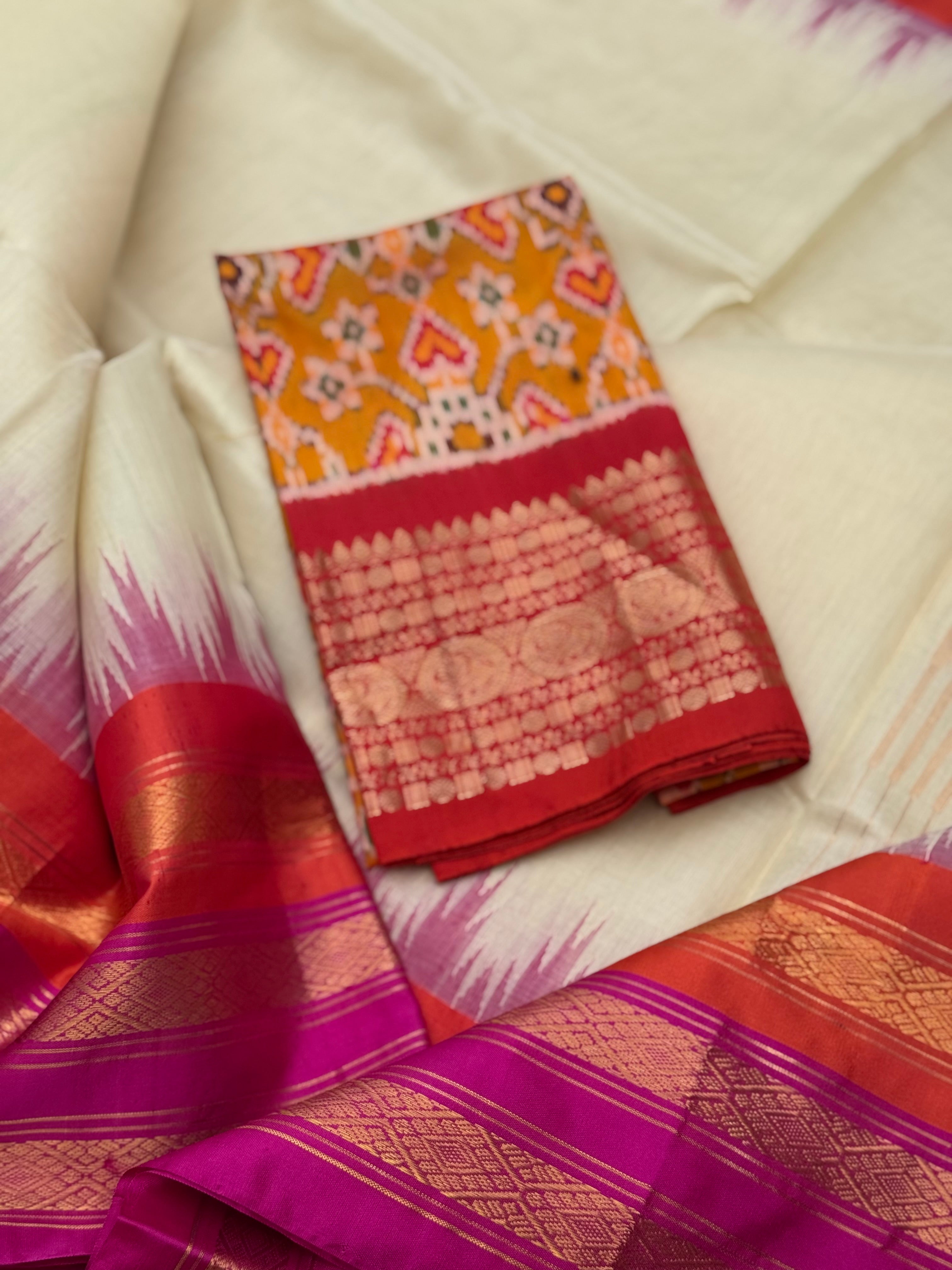 Handspun and handwoven ponduru Khadhi silk saree with silk border in contrast orange pink