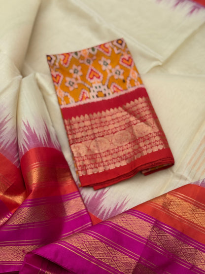 Handspun and handwoven ponduru Khadhi silk saree with silk border in contrast orange pink