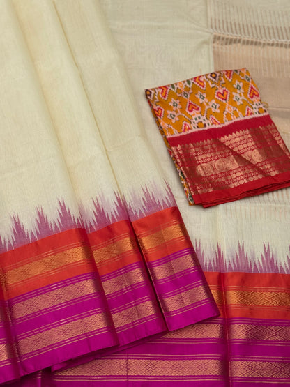 Handspun and handwoven ponduru Khadhi silk saree with silk border in contrast orange pink