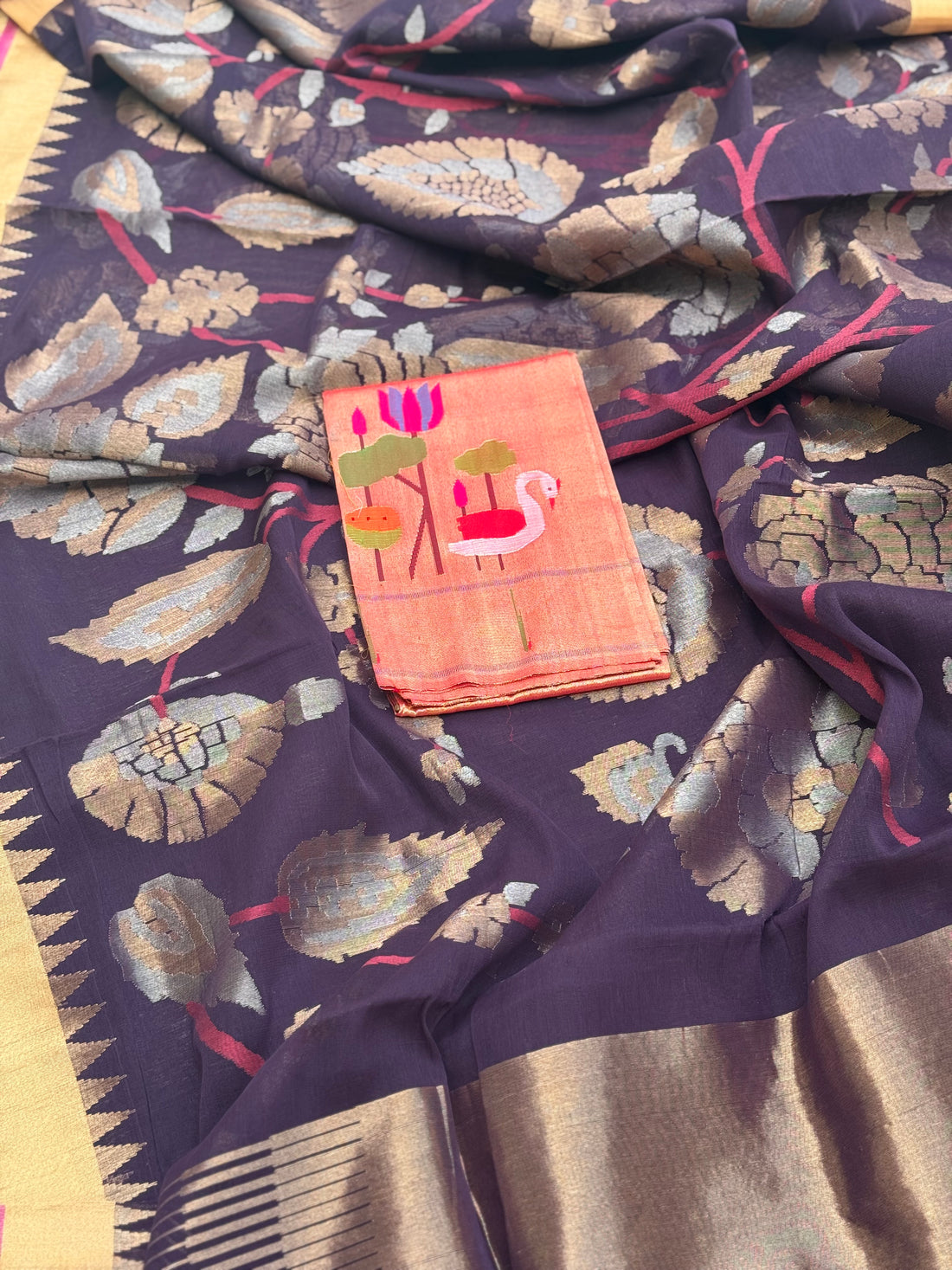 Handspun and handwoven ponduru Khadhi   full jaal extra weft jamdani saree with silk zari border