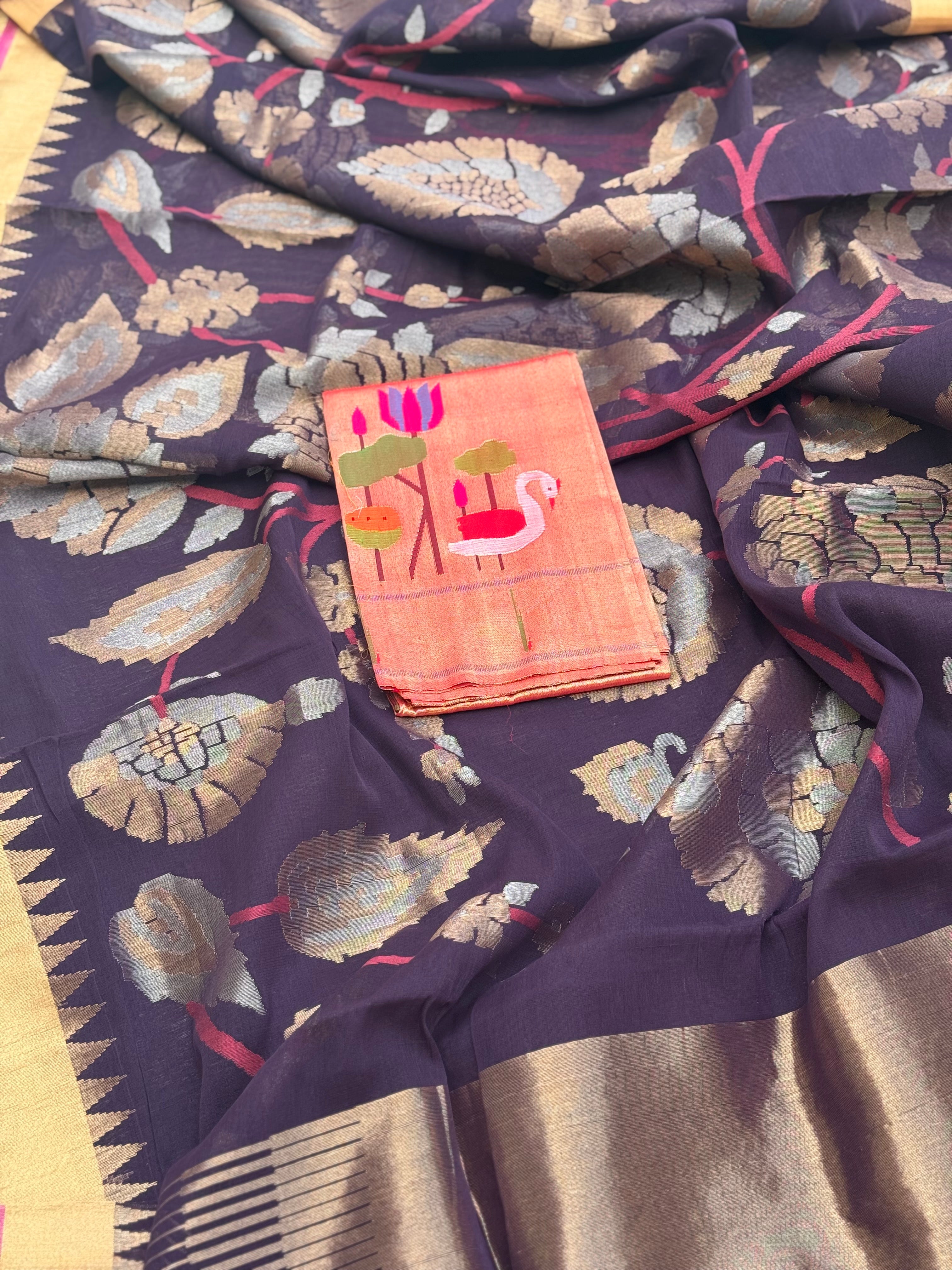 Handspun and handwoven ponduru Khadhi   full jaal extra weft jamdani saree with silk zari border
