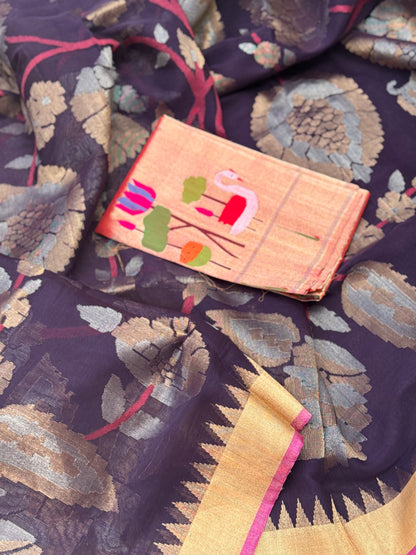 Handspun and handwoven ponduru Khadhi   full jaal extra weft jamdani saree with silk zari border