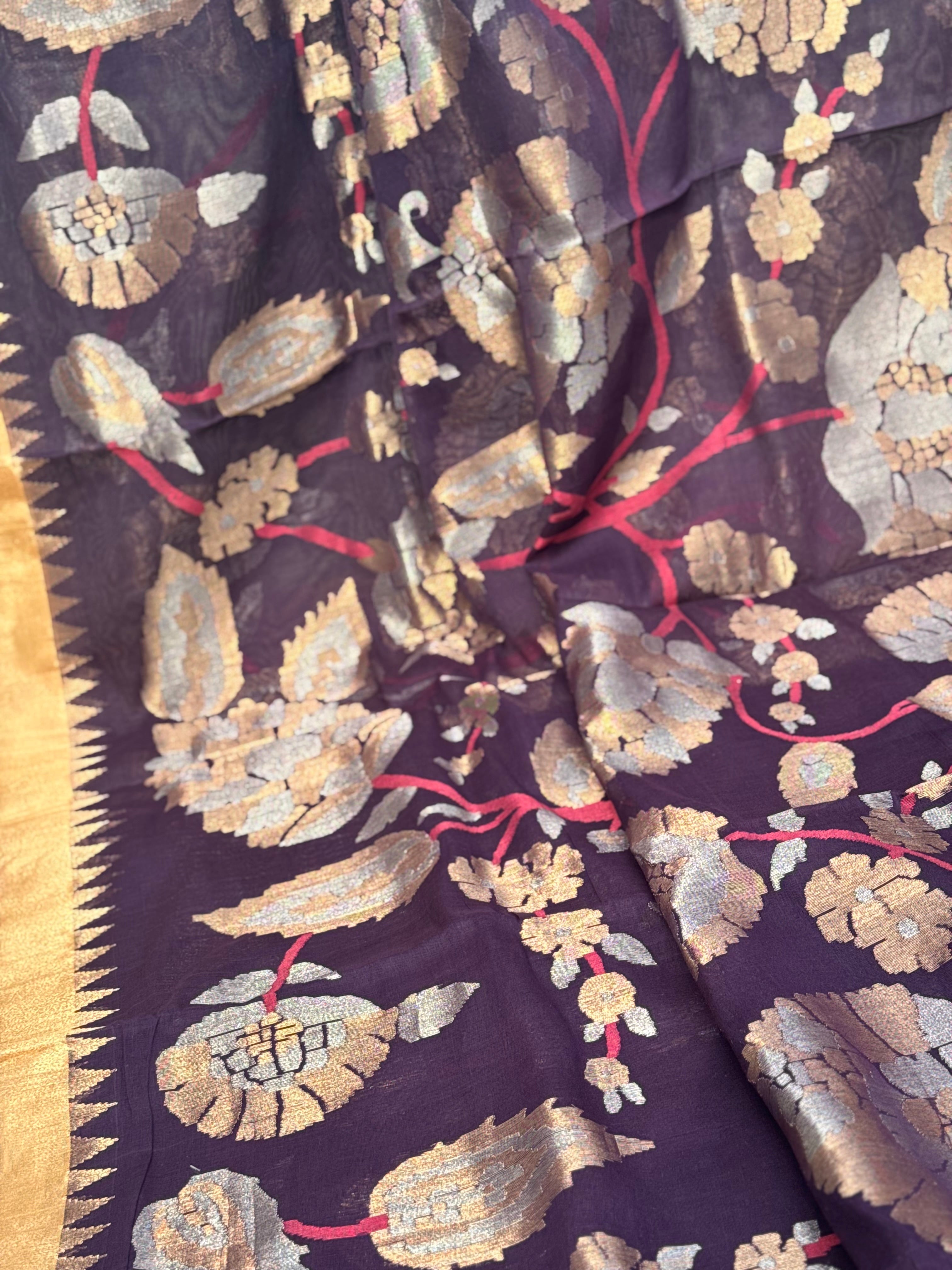 Handspun and handwoven ponduru Khadhi   full jaal extra weft jamdani saree with silk zari border