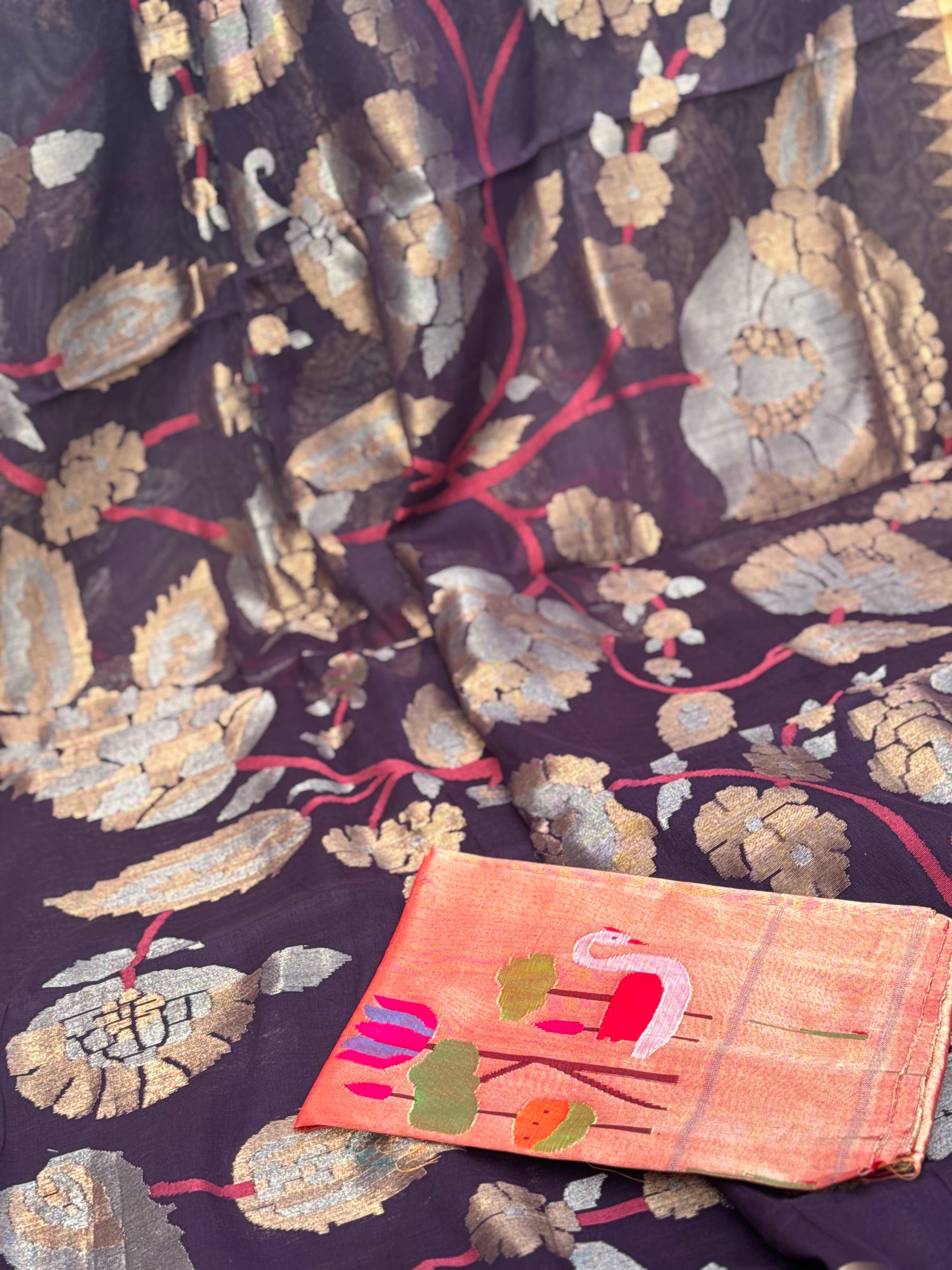 Handspun and handwoven ponduru Khadhi   full jaal extra weft jamdani saree with silk zari border