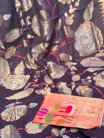 Handspun and handwoven ponduru Khadhi   full jaal extra weft jamdani saree with silk zari border