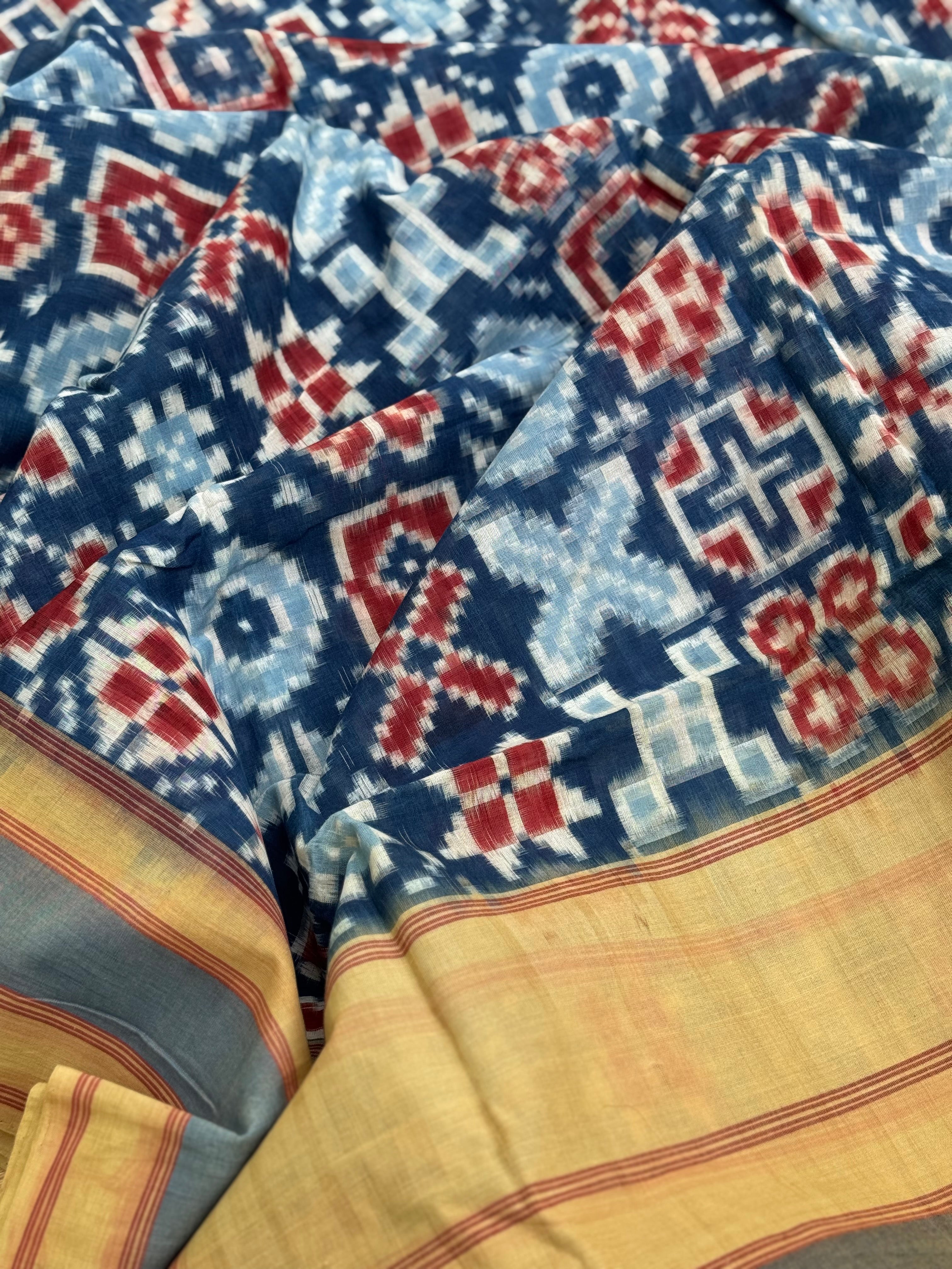 20 Motifs Natural Dyed Double Ikkat Telia Rumal Cotton Saree
