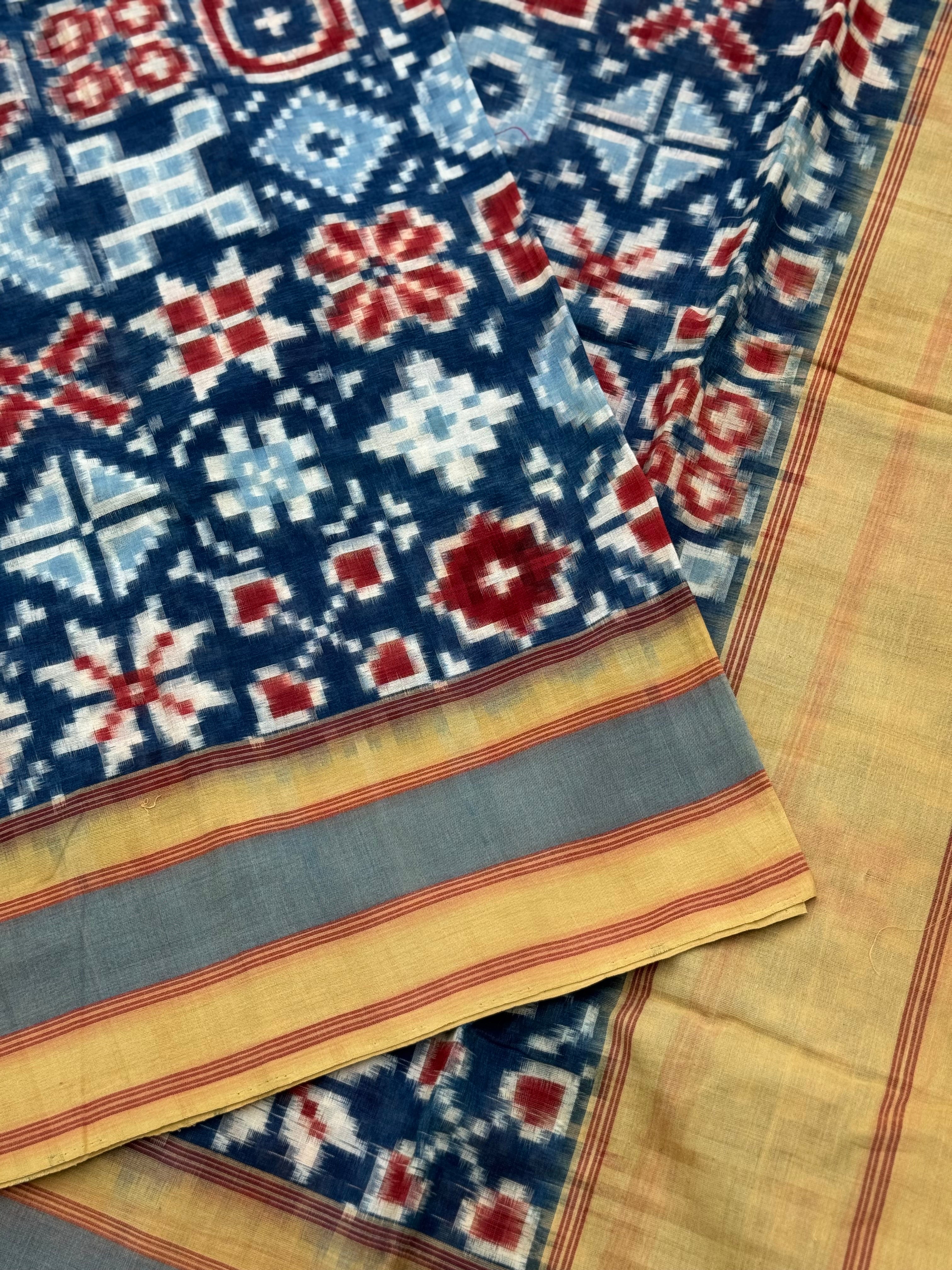 20 Motifs Natural Dyed Double Ikkat Telia Rumal Cotton Saree