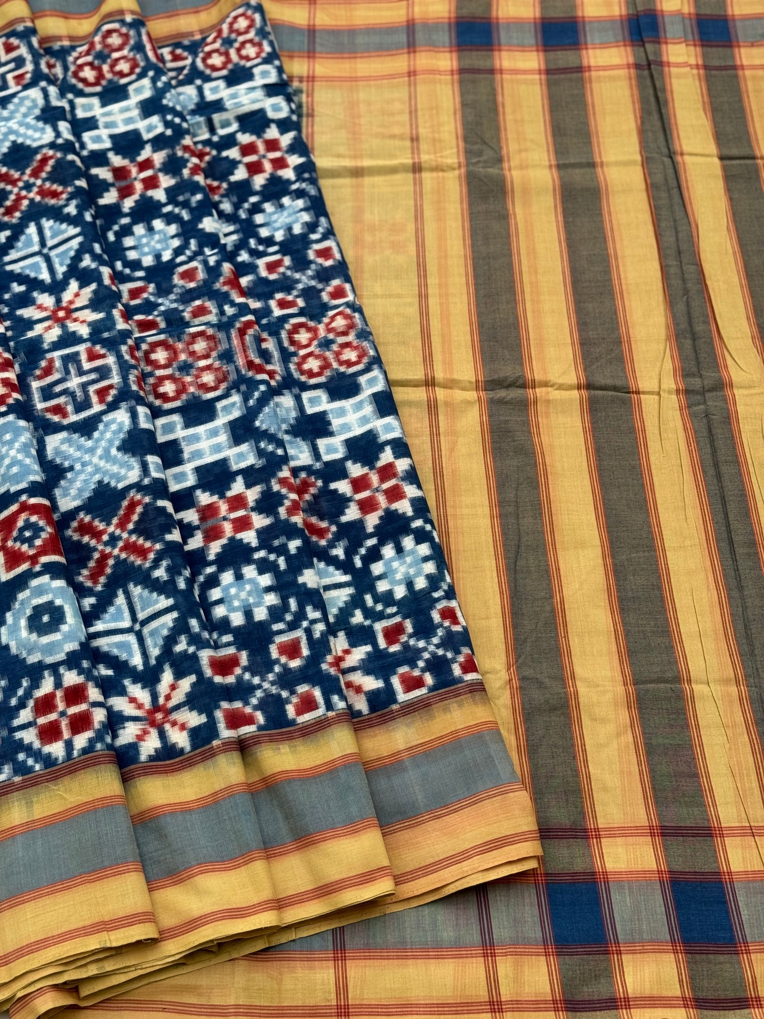 20 Motifs Natural Dyed Double Ikkat Telia Rumal Cotton Saree