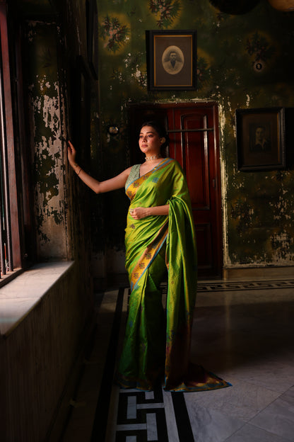 Reserved for suvasini - A Stunner lily green with blue shot Kasuti Hand embroidery work on Kanchiwaram silk saree