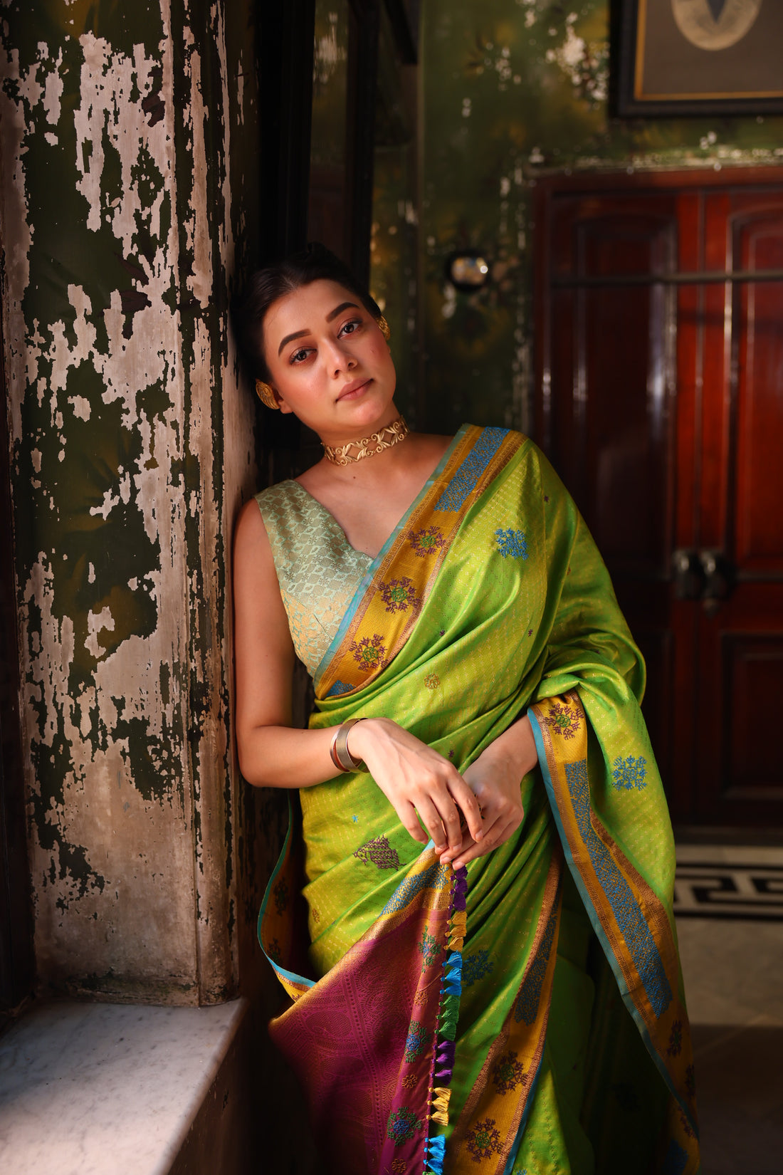 Reserved for suvasini - A Stunner lily green with blue shot Kasuti Hand embroidery work on Kanchiwaram silk saree
