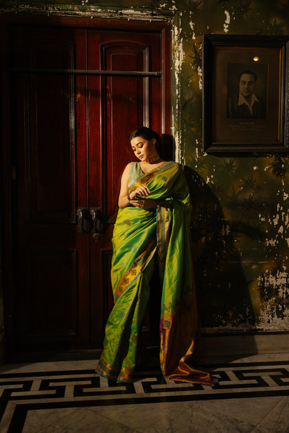 Reserved for suvasini - A Stunner lily green with blue shot Kasuti Hand embroidery work on Kanchiwaram silk saree