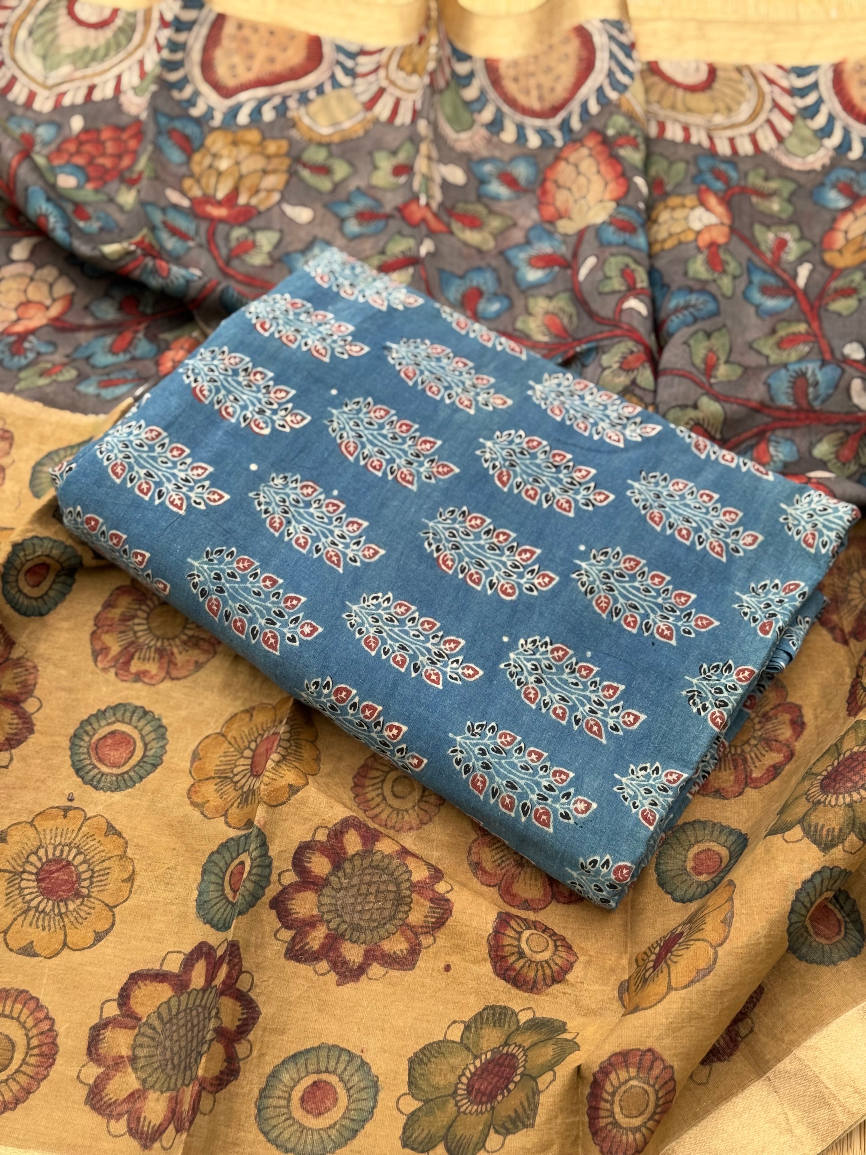 PENKALAMKARI TISSUE SILK SALWAR SUIT TOP WITH DUPPATTA