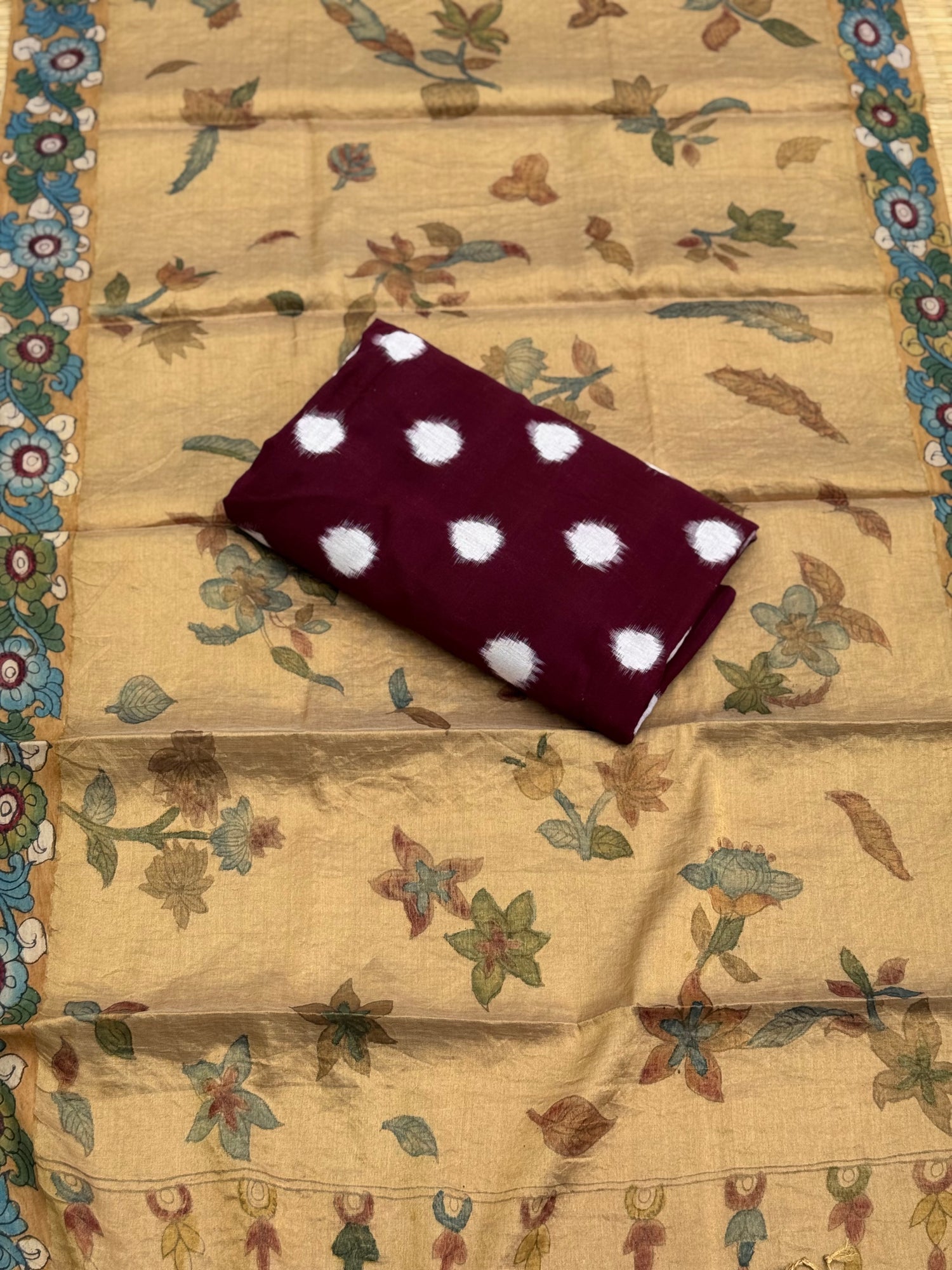 PENKALAMKARI TISSUE SILK SALWAR SUIT TOP WITH DUPPATTA