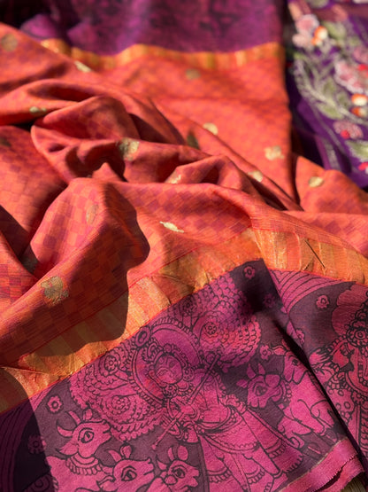 Reserved for client - A masterpiece Paimadi kanchivaram silk saree with miniature penkalamkari and Katha handembroidery work