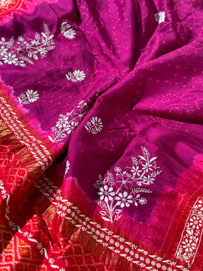 Fusion Rai Bhandej on ikkat silk with hand embroidery Chikankari work