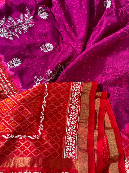 Fusion Rai Bhandej on ikkat silk with hand embroidery Chikankari work