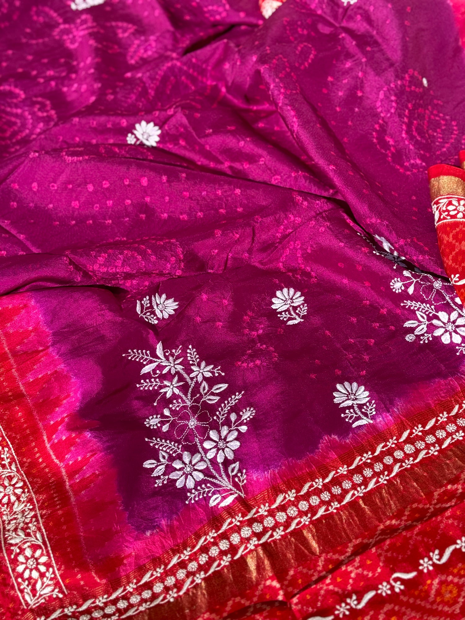 Fusion Rai Bhandej on ikkat silk with hand embroidery Chikankari work